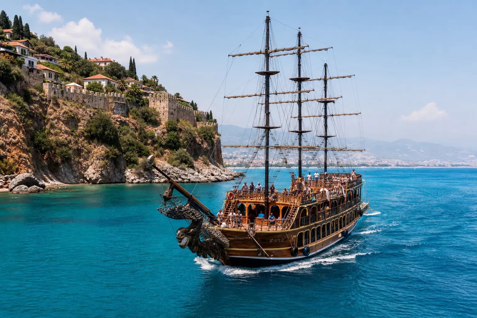 Klassisches Holzboot auf einer Fahrt entlang der Alanya-Küste