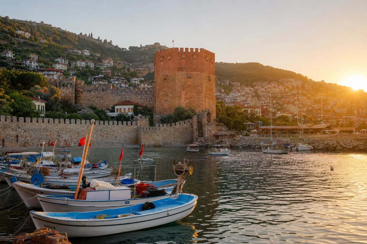 Goldener Sonnenuntergang an der Alanya-Küste bei einer Abendbootstour