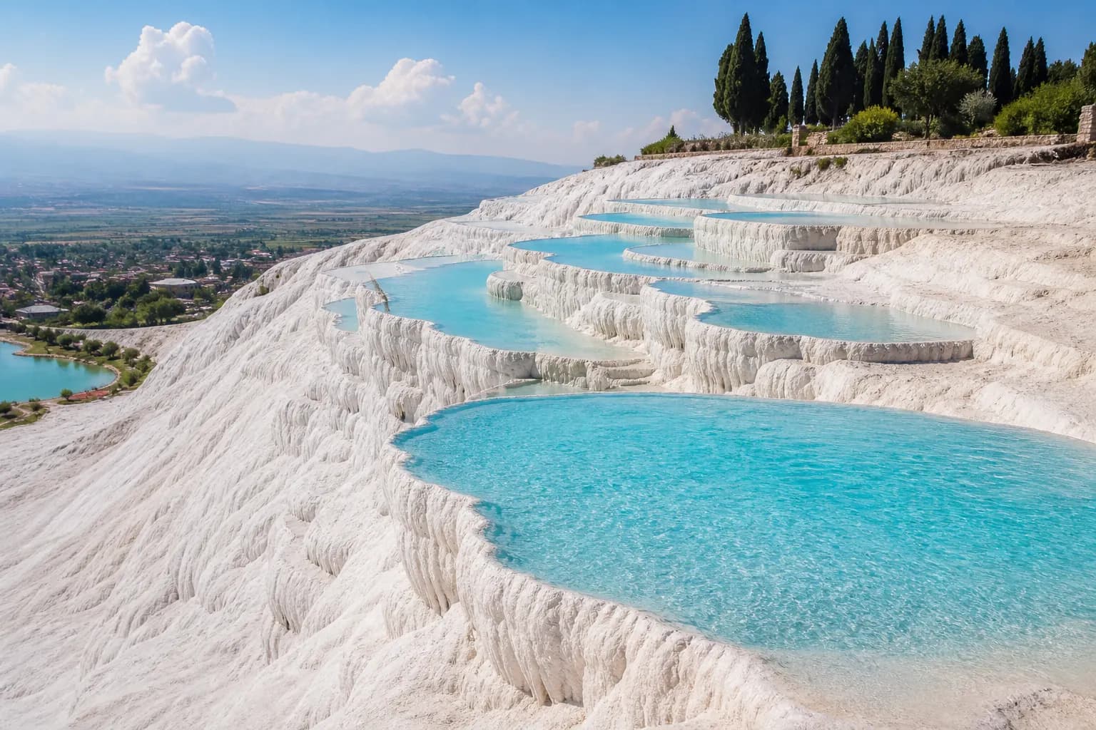 Weiße Travertin-Terrassen in Pamukkale auf einer Mehrtagesreise ab Alanya